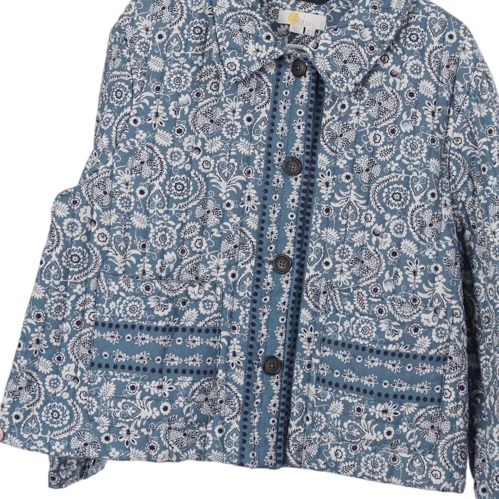 Boden Quilted Jacket Women 12 Blue Floral Cotton Linen Button Up Pockets Casual - Picture 4 of 9